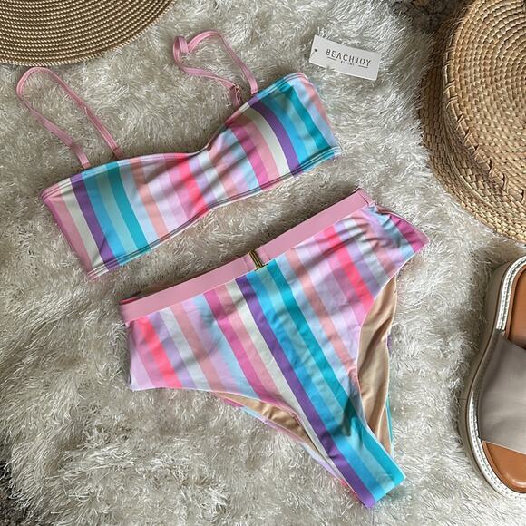 NWT Beach Joy ocean dreams Bikini Set Multicolor striped belted bottom medium - Picture 4 of 9